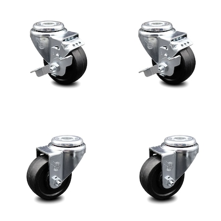 Service Caster 3.5 Inch Soft Rubber Wheel Swivel Bolt Hole Caster Set with 2 Brake SCC SCC-BH20S3514-SRS-2-TLB-2